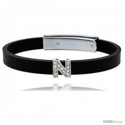 Sterling Silver Block Initial Letter N Alphabet Charm with CZ Stones, for use with 8 mm Flat Rubber Bracelets