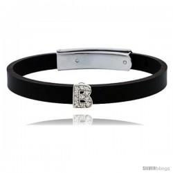 Sterling Silver Block Initial Letter B Alphabet Charm with CZ Stones, for use with 8 mm Flat Rubber Bracelets