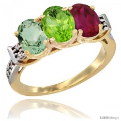 10K Yellow Gold Natural Green Amethyst, Peridot & Ruby Ring 3-Stone Oval 7x5 mm Diamond Accent