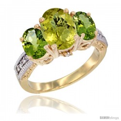 14K Yellow Gold Ladies 3-Stone Oval Natural Lemon Quartz Ring with Peridot Sides Diamond Accent