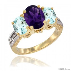 14K Yellow Gold Ladies 3-Stone Oval Natural Amethyst Ring with Aquamarine Sides Diamond Accent