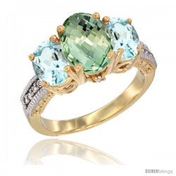 14K Yellow Gold Ladies 3-Stone Oval Natural Green Amethyst Ring with Aquamarine Sides Diamond Accent