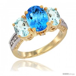 14K Yellow Gold Ladies 3-Stone Oval Natural Swiss Blue Topaz Ring with Aquamarine Sides Diamond Accent