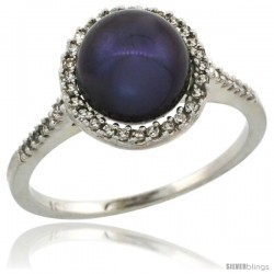 10k White Gold Halo Engagement 8.5 mm Black Pearl Ring w/ 0.146 Carat Brilliant Cut Diamonds, 7/16 in. (11mm) wide