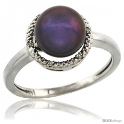 10k White Gold Halo Engagement 8.5 mm Black Pearl Ring w/ 0.022 Carat Brilliant Cut Diamonds, 7/16 in. (11mm) wide