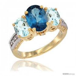 14K Yellow Gold Ladies 3-Stone Oval Natural London Blue Topaz Ring with Aquamarine Sides Diamond Accent