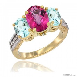 14K Yellow Gold Ladies 3-Stone Oval Natural Pink Topaz Ring with Aquamarine Sides Diamond Accent