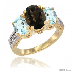 14K Yellow Gold Ladies 3-Stone Oval Natural Smoky Topaz Ring with Aquamarine Sides Diamond Accent