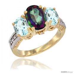 14K Yellow Gold Ladies 3-Stone Oval Natural Mystic Topaz Ring with Aquamarine Sides Diamond Accent