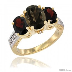 10K Yellow Gold Ladies 3-Stone Oval Natural Smoky Topaz Ring with Garnet Sides Diamond Accent