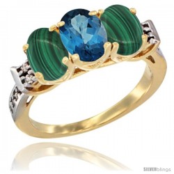 10K Yellow Gold Natural London Blue Topaz & Malachite Sides Ring 3-Stone Oval 7x5 mm Diamond Accent