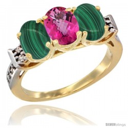 10K Yellow Gold Natural Pink Topaz & Malachite Sides Ring 3-Stone Oval 7x5 mm Diamond Accent