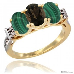 10K Yellow Gold Natural Smoky Topaz & Malachite Sides Ring 3-Stone Oval 7x5 mm Diamond Accent