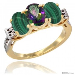 10K Yellow Gold Natural Mystic Topaz & Malachite Sides Ring 3-Stone Oval 7x5 mm Diamond Accent