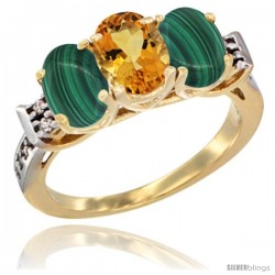 10K Yellow Gold Natural Citrine & Malachite Sides Ring 3-Stone Oval 7x5 mm Diamond Accent