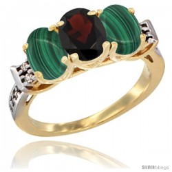 10K Yellow Gold Natural Garnet & Malachite Sides Ring 3-Stone Oval 7x5 mm Diamond Accent