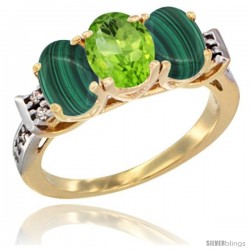 10K Yellow Gold Natural Peridot & Malachite Sides Ring 3-Stone Oval 7x5 mm Diamond Accent