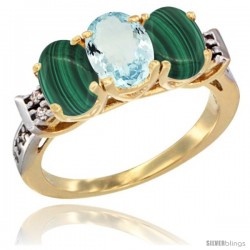 10K Yellow Gold Natural Aquamarine & Malachite Sides Ring 3-Stone Oval 7x5 mm Diamond Accent