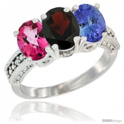 14K White Gold Natural Pink Topaz, Garnet & Tanzanite Ring 3-Stone 7x5 mm Oval Diamond Accent