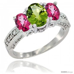 14k White Gold Ladies Oval Natural Peridot 3-Stone Ring with Pink Topaz Sides Diamond Accent