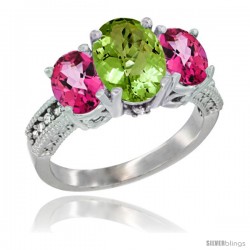 14K White Gold Ladies 3-Stone Oval Natural Peridot Ring with Pink Topaz Sides Diamond Accent