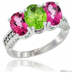 14K White Gold Natural Peridot & Pink Topaz Sides Ring 3-Stone 7x5 mm Oval Diamond Accent