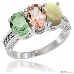 10K White Gold Natural Green Amethyst, Morganite & Opal Ring 3-Stone Oval 7x5 mm Diamond Accent