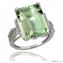 10k White Gold Diamond Green-Amethyst Ring 12 ct Emerald Shape 16x12 Stone 3/4 in wide