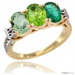 10K Yellow Gold Natural Green Amethyst, Peridot & Emerald Ring 3-Stone Oval 7x5 mm Diamond Accent