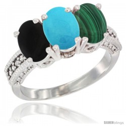 14K White Gold Natural Black Onyx, Turquoise & Malachite Ring 3-Stone 7x5 mm Oval Diamond Accent