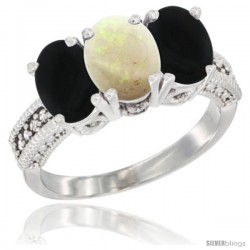 14K White Gold Natural Opal & Black Onyx Sides Ring 3-Stone 7x5 mm Oval Diamond Accent