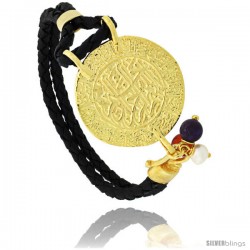 Sterling Silver Islamic AL SHAHADA Gold Plated Black Braided Leather Bracelet Tri-colored Beads, 1 1/8 in diameter, 7.5 in