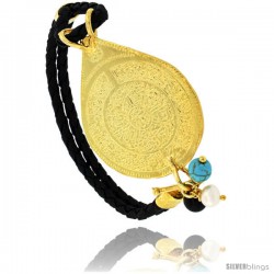 Sterling Silver Islamic AYATULA KURSI PRAYER Gold Plated Black Braided Leather Bracelet Tri-colored Beads, 1 5/16 in diameter