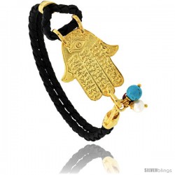 Sterling Silver Islamic HAND OF FATIMA Gold Plated Black Braided Leather Bracelet Tri-colored Beads, 1 1/8 in wide, 7.25 in