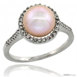 10k White Gold Halo Engagement 8.5 mm Pink Pearl Ring w/ 0.146 Carat Brilliant Cut Diamonds, 7/16 in. (11mm) wide