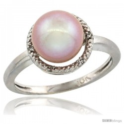 10k White Gold Halo Engagement 8.5 mm Pink Pearl Ring w/ 0.022 Carat Brilliant Cut Diamonds, 7/16 in. (11mm) wide