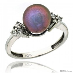 10k White Gold 8.5 mm Pink Pearl Ring w/ 0.105 Carat Brilliant Cut Diamonds, 7/16 in. (11mm) wide