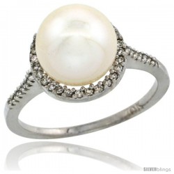10k White Gold Halo Engagement 8.5 mm White Pearl Ring w/ 0.146 Carat Brilliant Cut Diamonds, 7/16 in. (11mm) wide