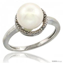 10k White Gold Halo Engagement 8.5 mm White Pearl Ring w/ 0.022 Carat Brilliant Cut Diamonds, 7/16 in. (11mm) wide