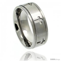 Titanium 8mm Flat Wedding Band Ring Carved out Crosses Grooved Edges Comfort-fit
