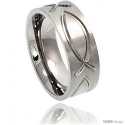 Titanium 8mm Flat Wedding Band Ring Ichthys Christian Fish Comfort-fit