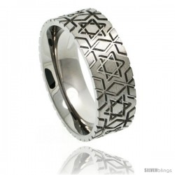 Titanium 8mm Flat Wedding Band Ring Star Of David Pattern Comfort-fit