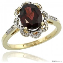10k Yellow Gold Diamond Halo Garnet Ring 1.65 Carat Oval Shape 9X7 mm, 7/16 in (11mm) wide