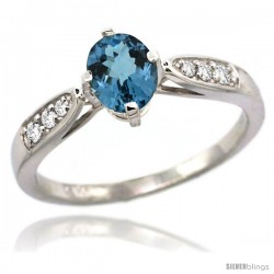 14k White Gold Natural London Blue Topaz Ring 7x5 Oval Shape Diamond Accent, 5/16inch wide