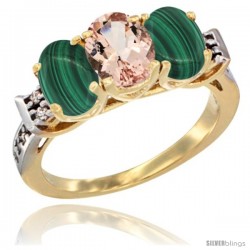 10K Yellow Gold Natural Morganite & Malachite Sides Ring 3-Stone Oval 7x5 mm Diamond Accent