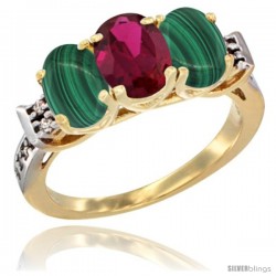 10K Yellow Gold Natural Ruby & Malachite Sides Ring 3-Stone Oval 7x5 mm Diamond Accent