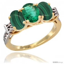 10K Yellow Gold Natural Emerald & Malachite Sides Ring 3-Stone Oval 7x5 mm Diamond Accent