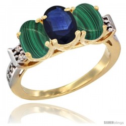 10K Yellow Gold Natural Blue Sapphire & Malachite Sides Ring 3-Stone Oval 7x5 mm Diamond Accent