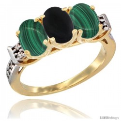 10K Yellow Gold Natural Black Onyx & Malachite Sides Ring 3-Stone Oval 7x5 mm Diamond Accent