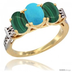 10K Yellow Gold Natural Turquoise & Malachite Sides Ring 3-Stone Oval 7x5 mm Diamond Accent